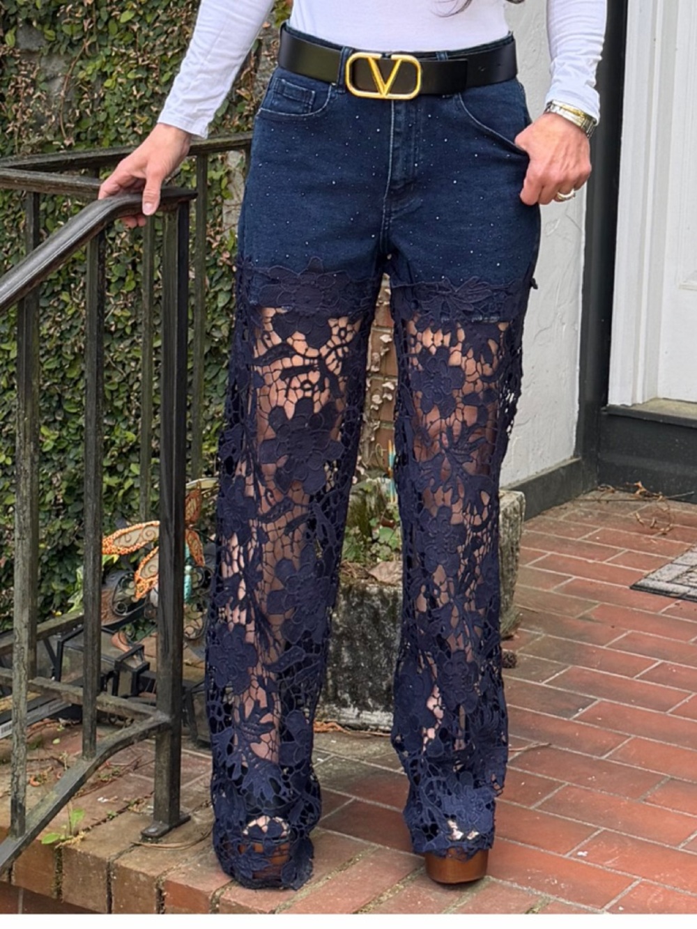 Boho Lace Overlay Jeans - Designer Style - Picture 2 of 4